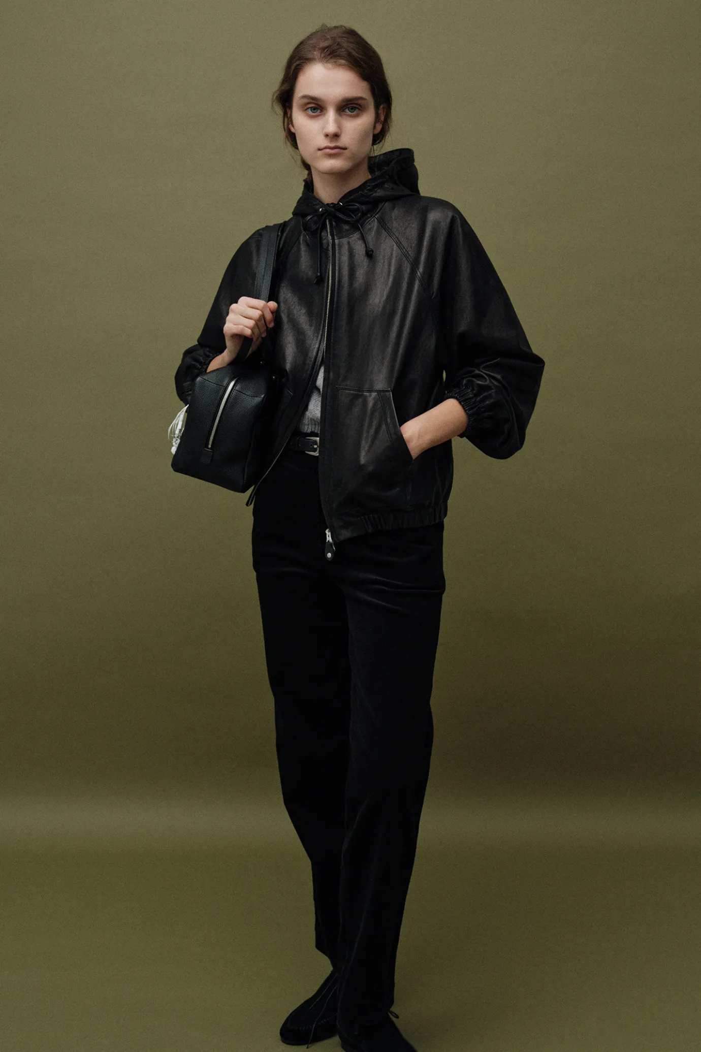 hooded_leather_blouson_ja_3.webp Nothing written Outwears-Hooded leather blouson jacket (Black)