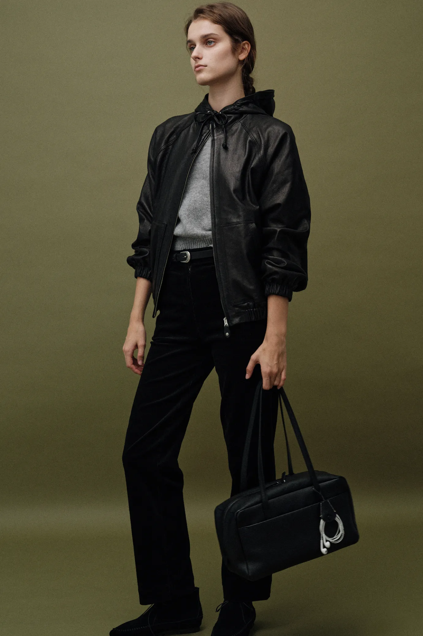 hooded_leather_blouson_ja_4.webp Nothing written Outwears-Hooded leather blouson jacket (Black)