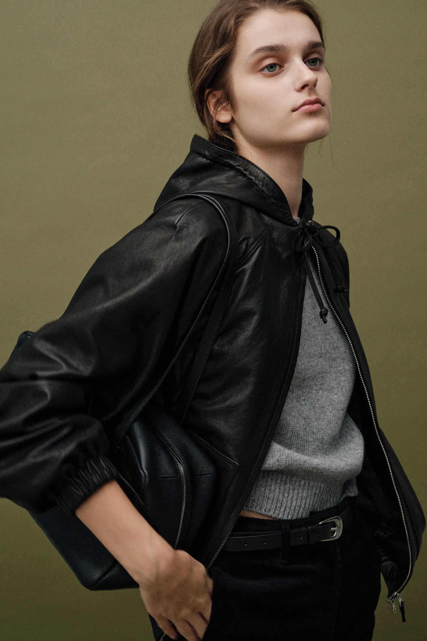 hooded_leather_blouson_ja_8.webp Nothing written Outwears-Hooded leather blouson jacket (Black)