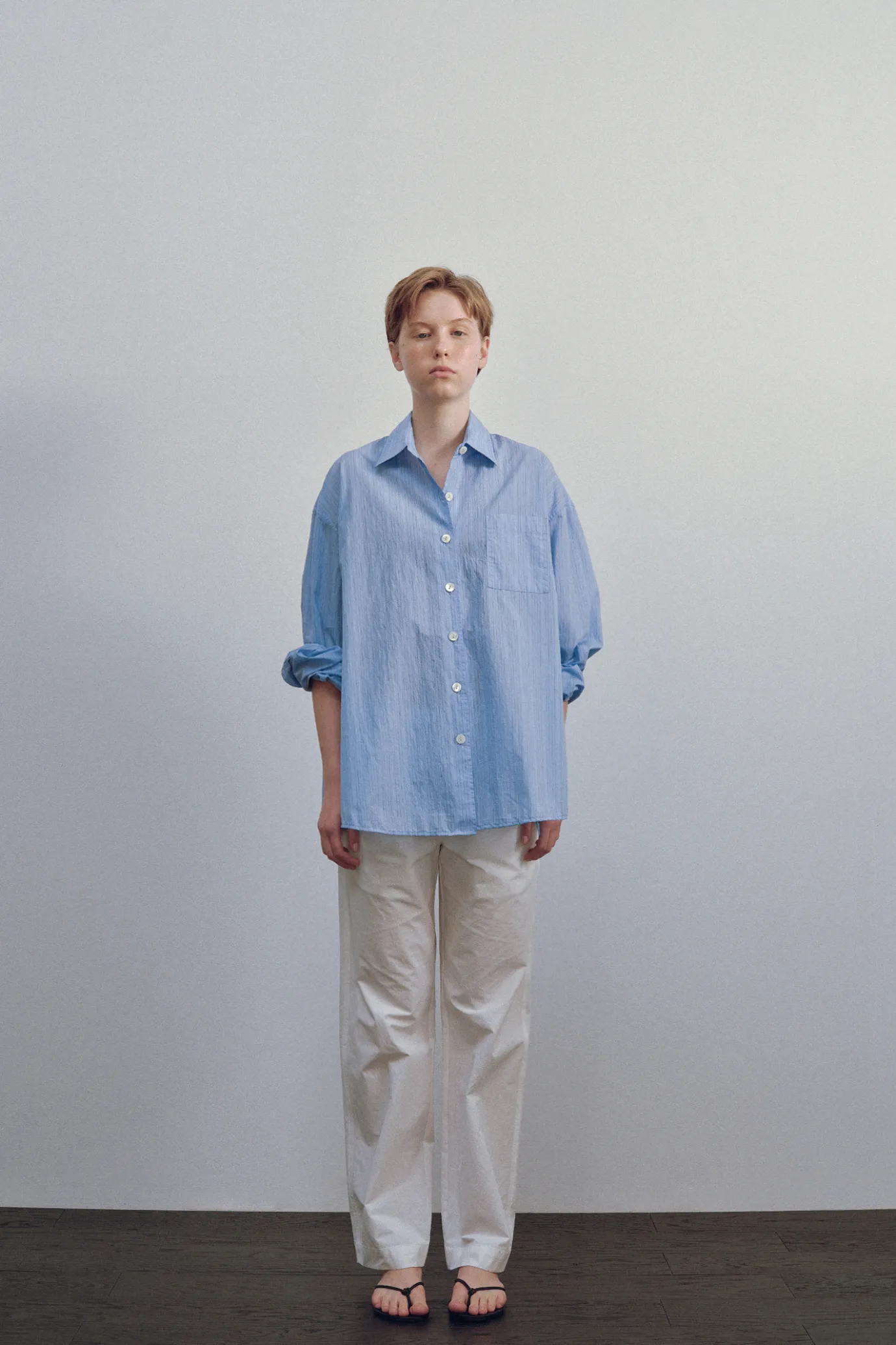 Nothing written Shirt-2ND / Timon striped cotton shirt (Blue stripe)