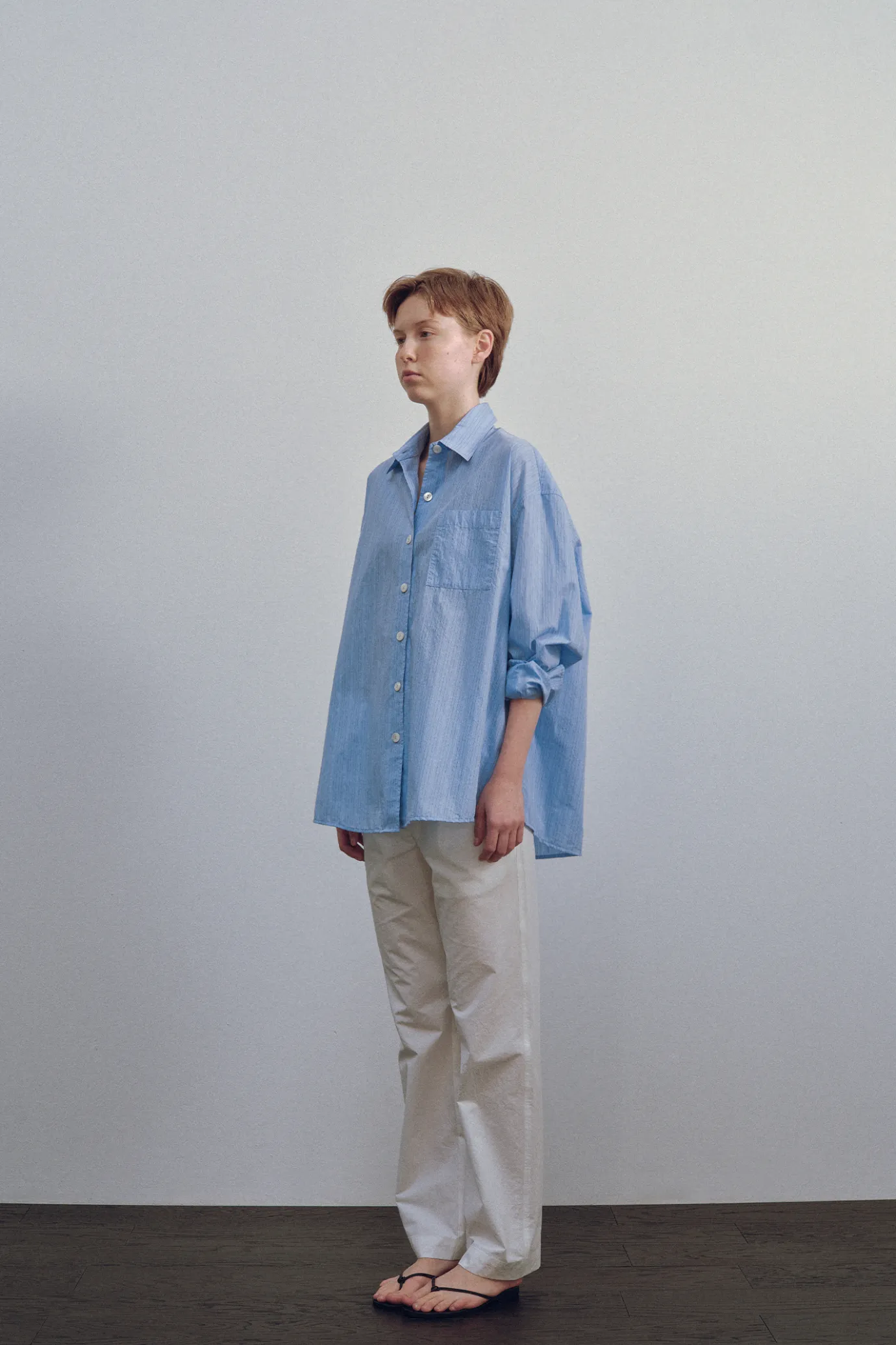 Nothing written Shirt-2ND / Timon striped cotton shirt (Blue stripe)