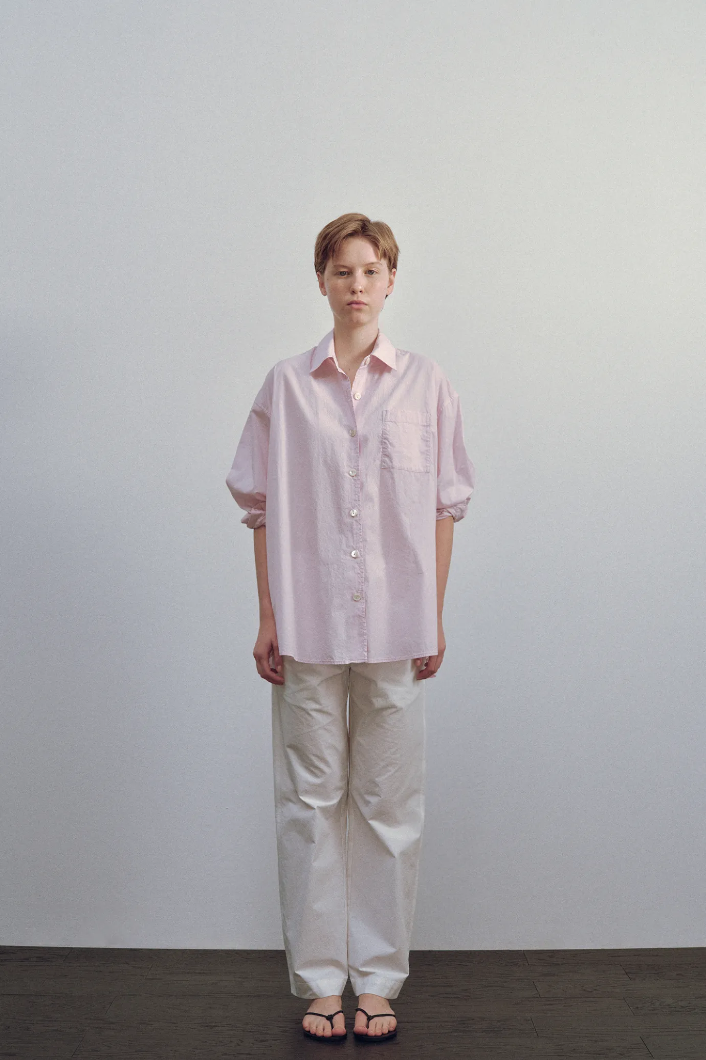 Nothing written Shirt-3RD / Timon striped cotton shirt (Pastel pink)